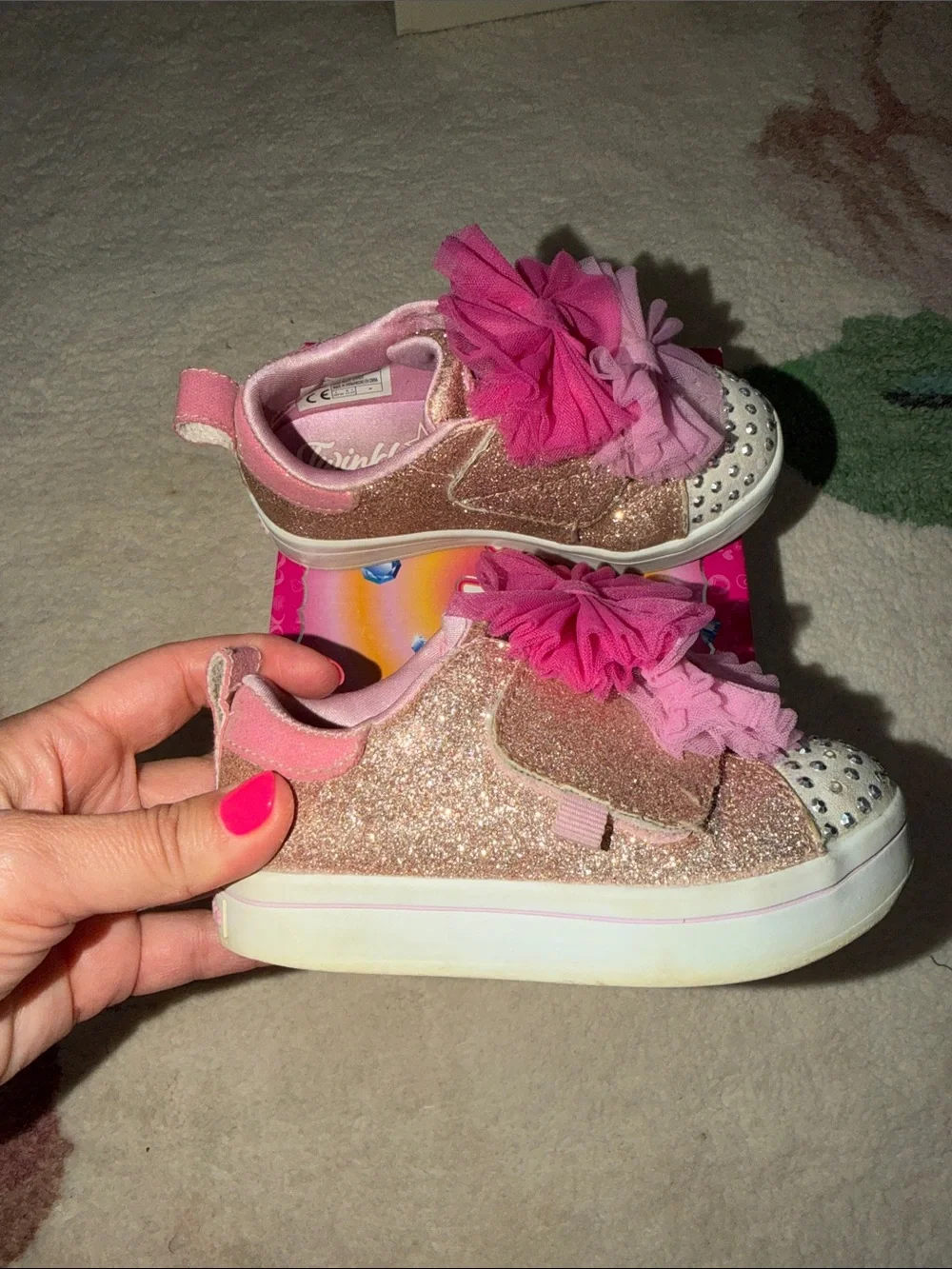 Skechers Twinkle Toes Pink Glitter Light-Up Sneakers with Tulle Flower Accents